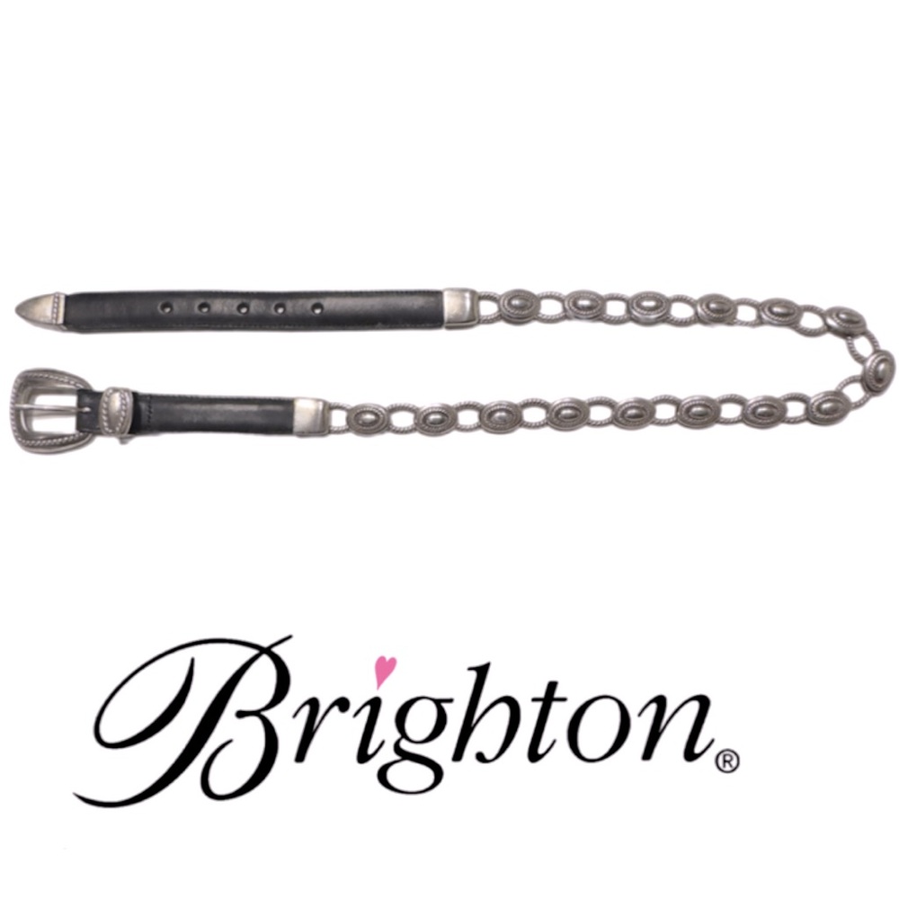 BRIGHTON | Silver Plated Links Black Leather Vintage Belt Made In USA 1995 90’s